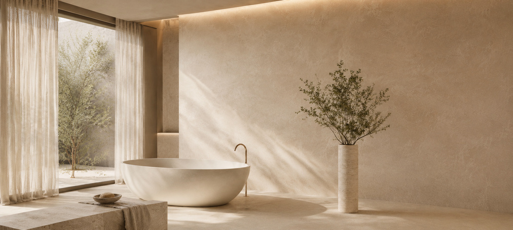baño-gran-formato Baño con revestimiento de pared cerámico de gran formato.